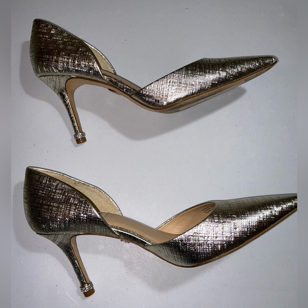 BADGLEY MISCHKA Metallic Gold Heels Rhinestone Trim 10 M - Picture 11 of 16